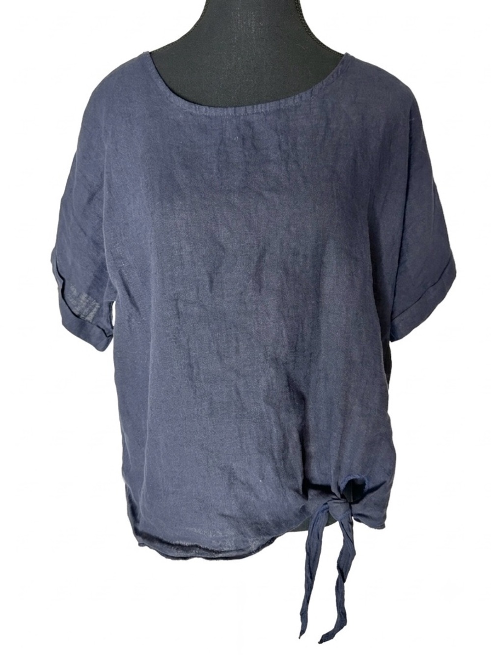 CHERISHH Navy Blue Linen Short Sleeve Top Front Tie Boxy Oversized Small Medium